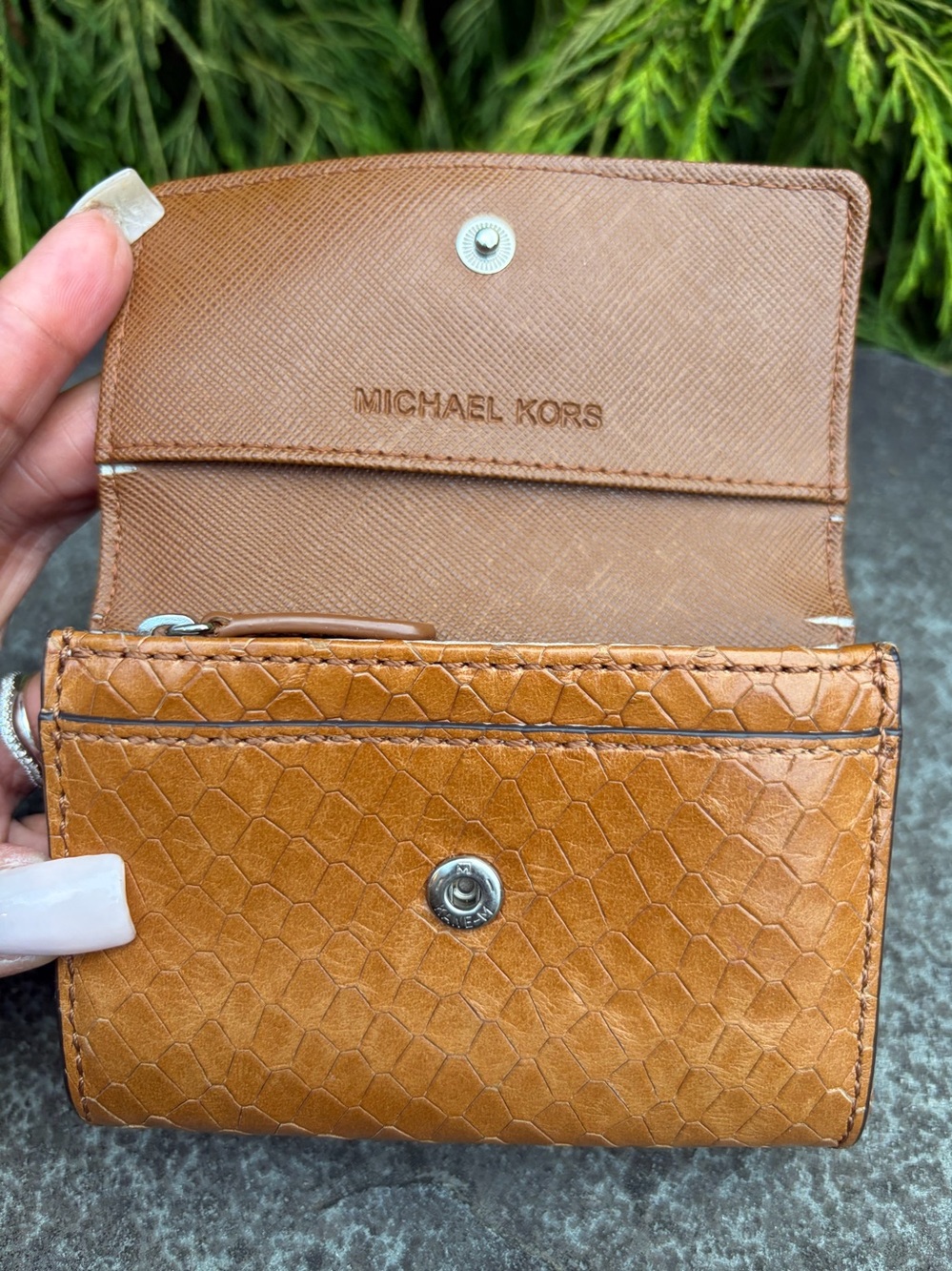 Michael Kors Brown Snake-Embossed Leather Card Case with Key Ring - Picture 6 of 15